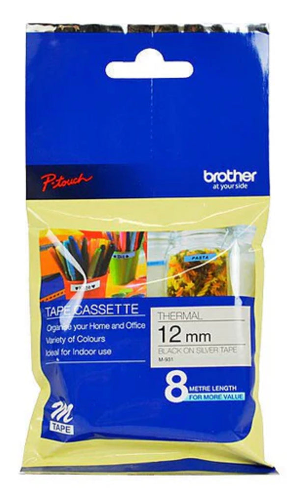 Brother M931 Labelling Tape 12mm Thermal Black On Silver Main image