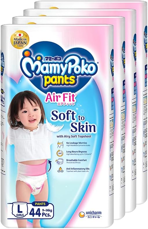MamyPoko Air Fit Girls Pants Baby Diaper L 9to14kg 44 Pcs X 4 Packs Carton Main image