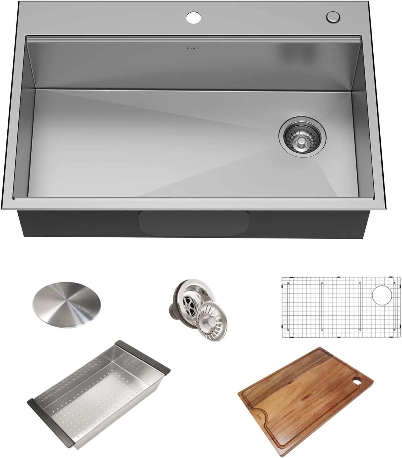KRAUS KWT310-33/18 Kore Workstation 33-inch Drop-In 18 Gauge Single Bowl Stainless Steel Kitchen Sink with Integrated Ledge and Accessories Main image