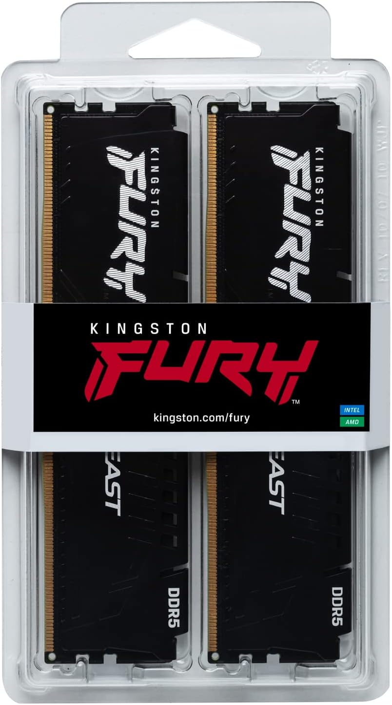 Kingston Technology Fury Beast Black 16GB 4800MTps DDR5 CL38 XMP 3.0 Ready Computer Memory Kit Of 2 KF548C38BBK216
