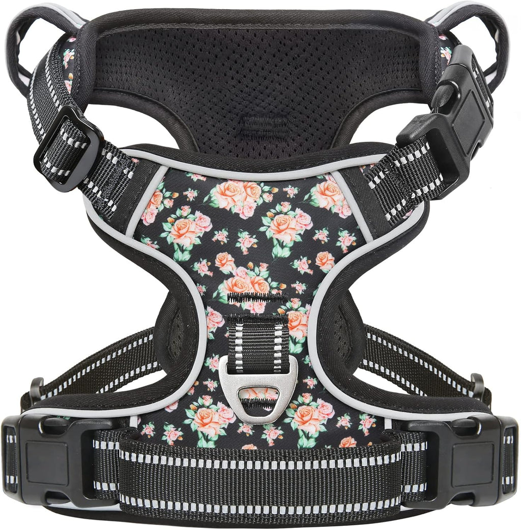 Timos Dog Harness 3 Snap Buckles NoPull Soft Padded Dog Vest With 2 Metal Leash Clips Small Dogs Black Rose S