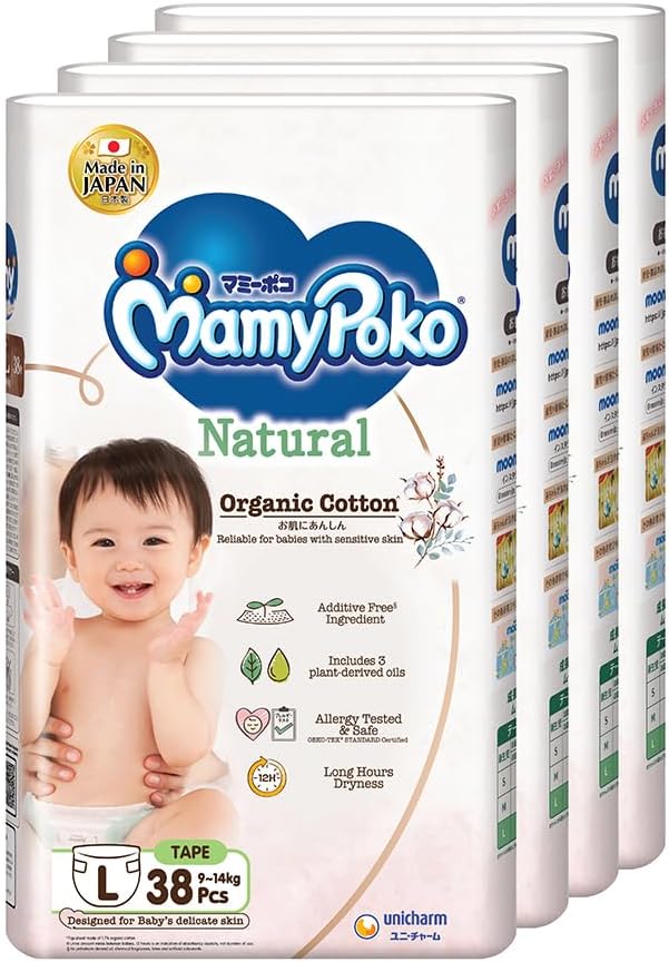 MamyPoko Natural Tape Baby Diapers L 9to14kg 38 Pcs X 4 Packs Carton Main image