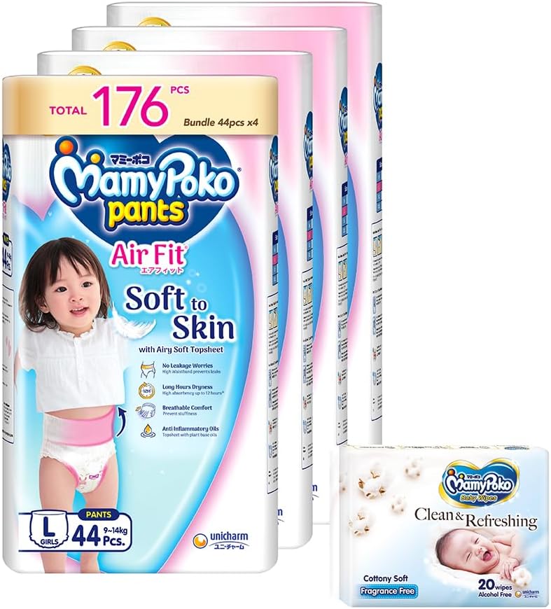 MamyPoko Air Fit Girls Pants Baby Diapers L 9to14kg 44 Pcs X 4 Packs Main image