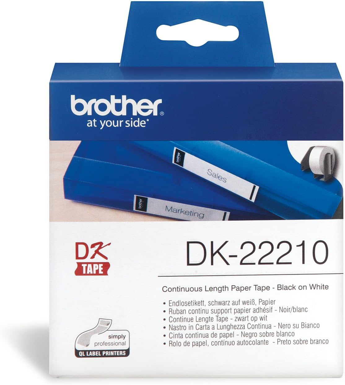 Brother DK22210 Continuous Length Paper Tape 29mm X 30.48m Black On White Main image