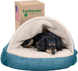 Furhaven 26in Round Cooling Gel Dog Bed For MediumSmall Dogs Sherpa And Suede Snuggery Blue