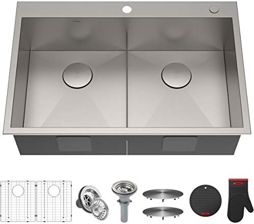 KRAUS 33x22 inch Pax DropIn Top Mount 16 Gauge ZeroRadius Double Bowl 2Hole Kitchen Sink Set KP1TD33S2 Main image