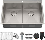 KRAUS 33x22 inch Pax DropIn Top Mount 16 Gauge ZeroRadius Double Bowl 2Hole Kitchen Sink Set KP1TD33S2