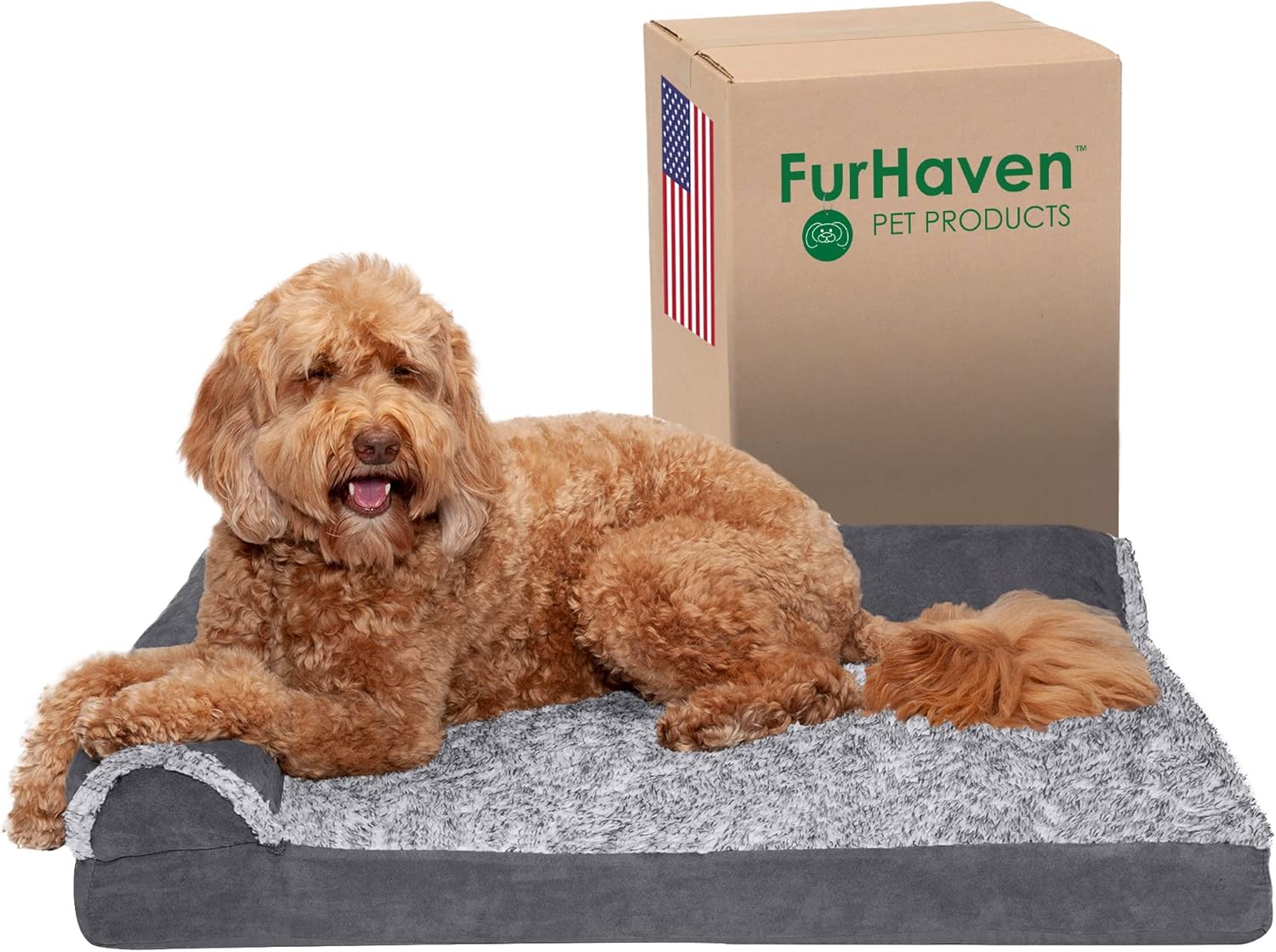 Furhaven Orthopedic Dog Bed For LargeMedium Dogs TwoTone Plush Faux Fur And Suede L Shaped Chaise Stone Gray Large Main image