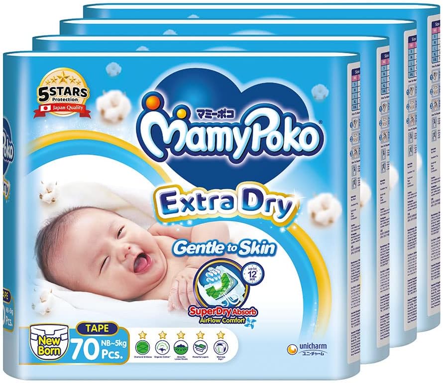 MamyPoko Extra Dry Tape Baby Diapers Newborn NB 5kg 70 Pcs X 4 Packs Carton Main image