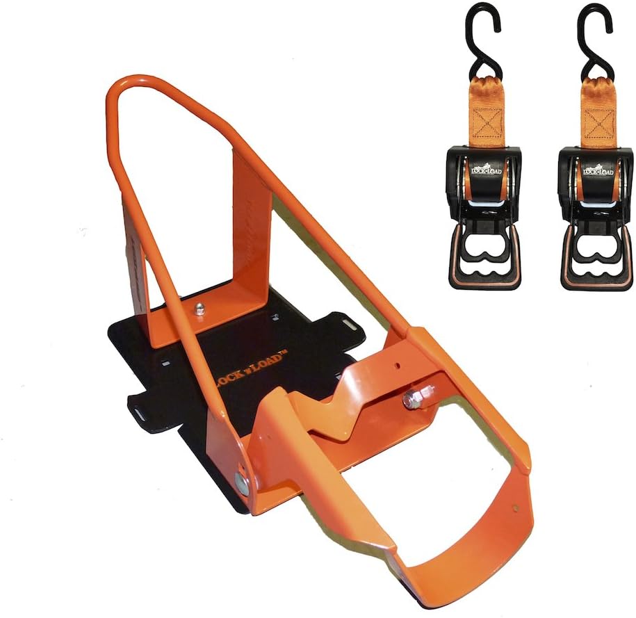 Lock N Load BK1000 Deluxe Motorcycle Wheel Chock With QuickRelease Ratchet And DRing System OrangeBlack Main image
