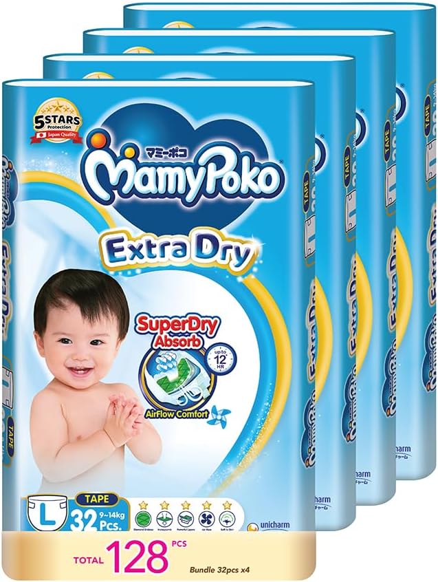 MamyPoko Extra Dry Tape Baby Diapers L 9to14kg 32 Pcs X 4 Packs Main image