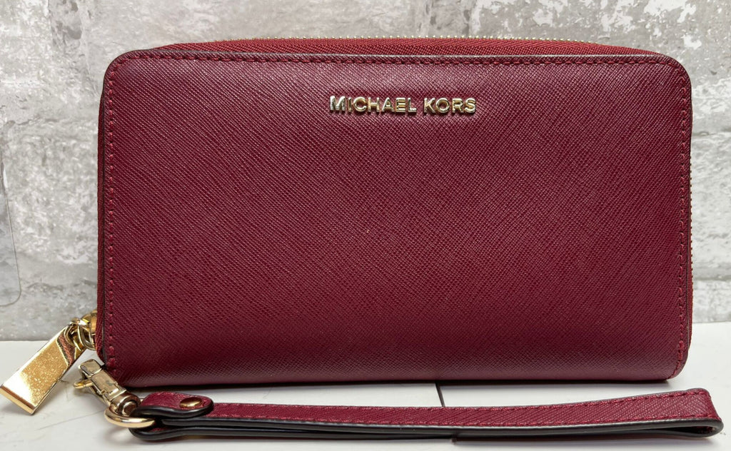 Michael Kors Jet Set Travel Leather Zip Around Continental Wallet Maroon
