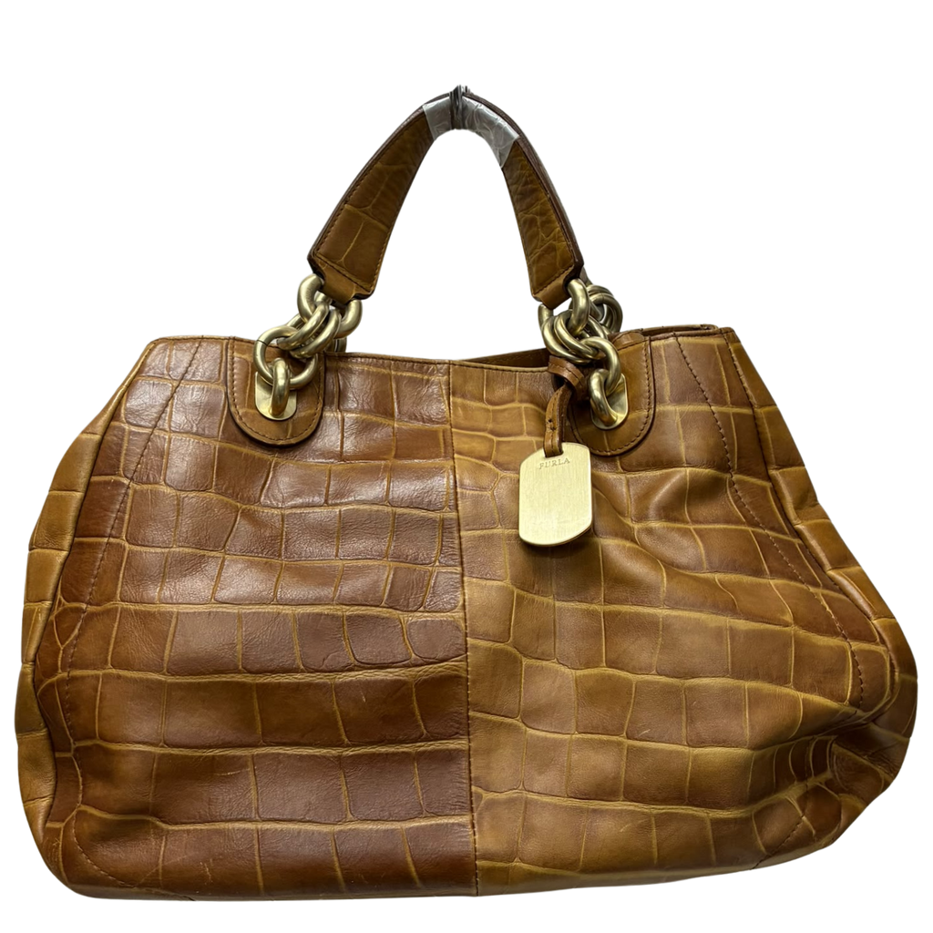 FURLA CrocEmbossed Camel Colored Leather Bag