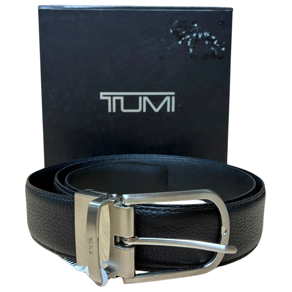 Tumi Reversible Adjustable Leather Belt Black Strap Silver Toned Buckle Rectabgular Pin