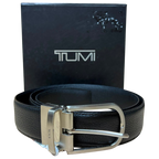 Tumi Reversible Adjustable Leather Belt Black Strap Silver Toned Buckle Rectabgular Pin
