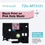 Brother Ptouch Embellish Black Print On Pink Dots Washi Tape TZeMT3121 12mmX4mm