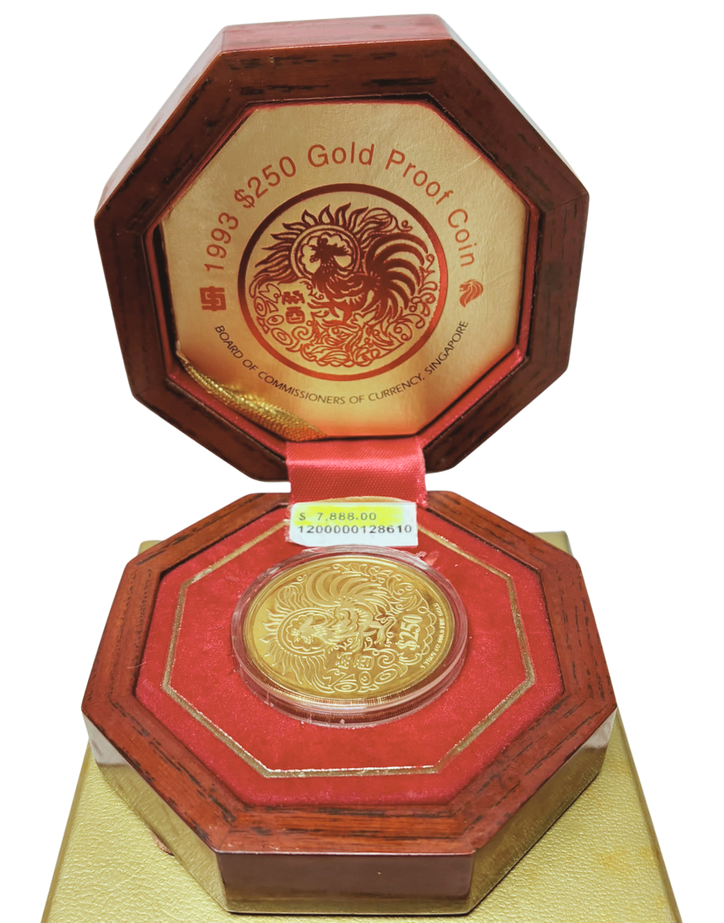 The Singapore Mint 999.9YG 1993 Singapore SGD250 Year Of The Rooster Gold Proof Coin 31.1GM