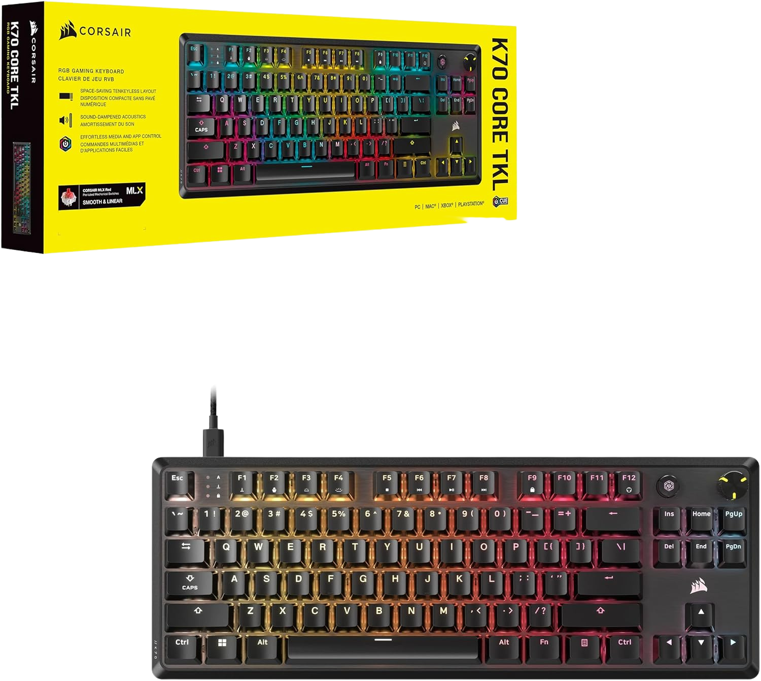 Corsair K70 CORE TKL RGB Tenkeyless Mechanical Wired Gaming Keyboard