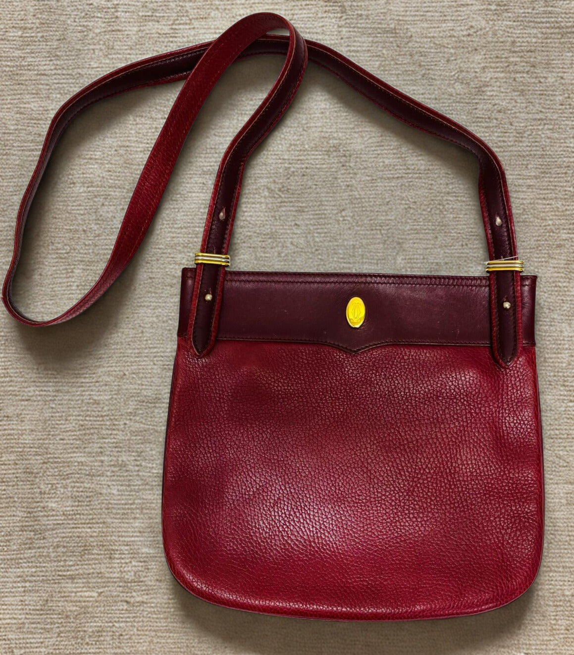CARTIER Must Line Shoulder Bag Leather Bordeaux Gold Auth BA3142 Golden Dark red