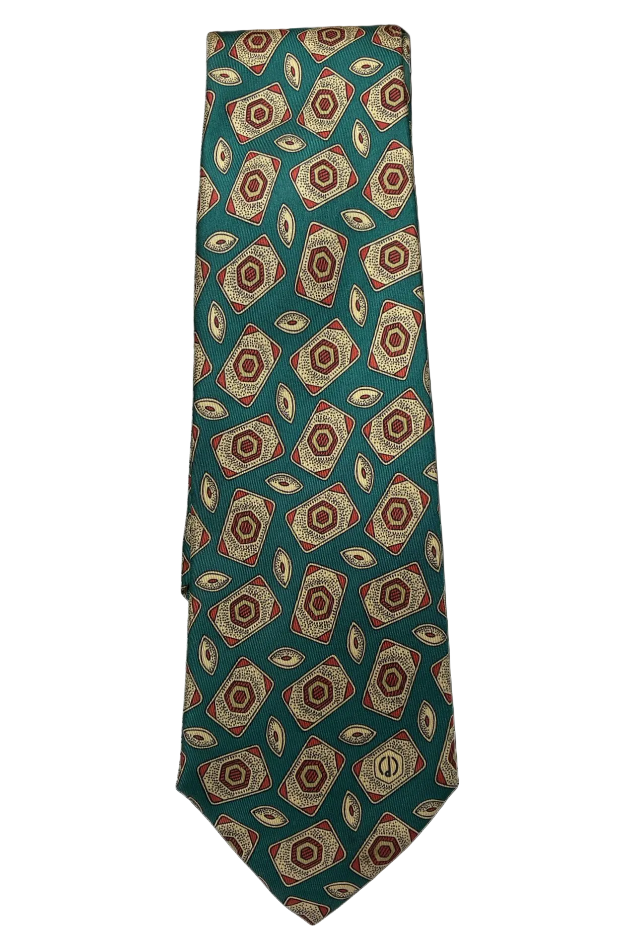Dunhill Teal Green Geometric Pattern Silk Necktie