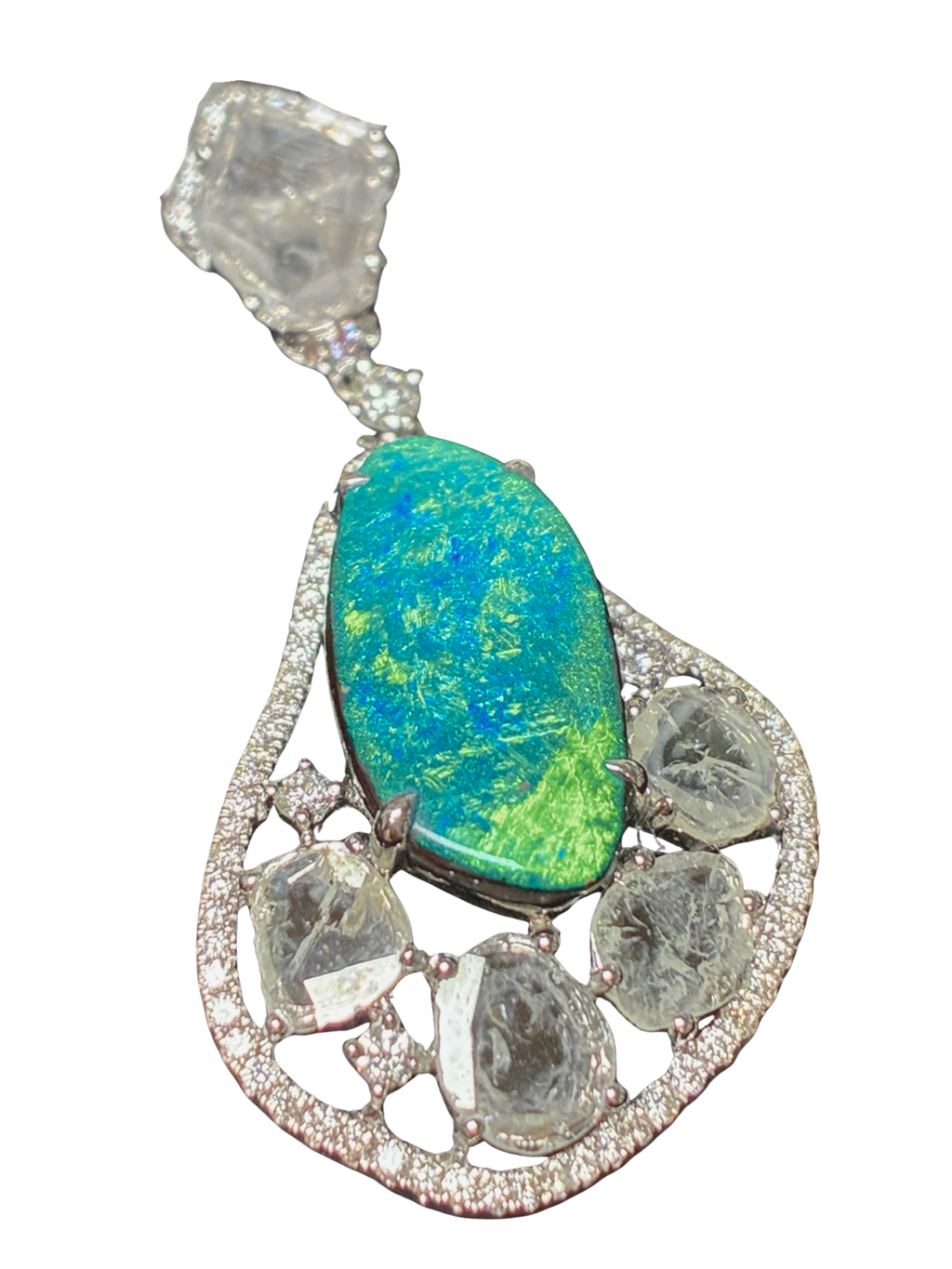 18WG Boulder Opal And Uncut Diamonds Pendant 4.18G