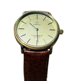 Omega Constellation Quartz Men Gold Face Leather Strap