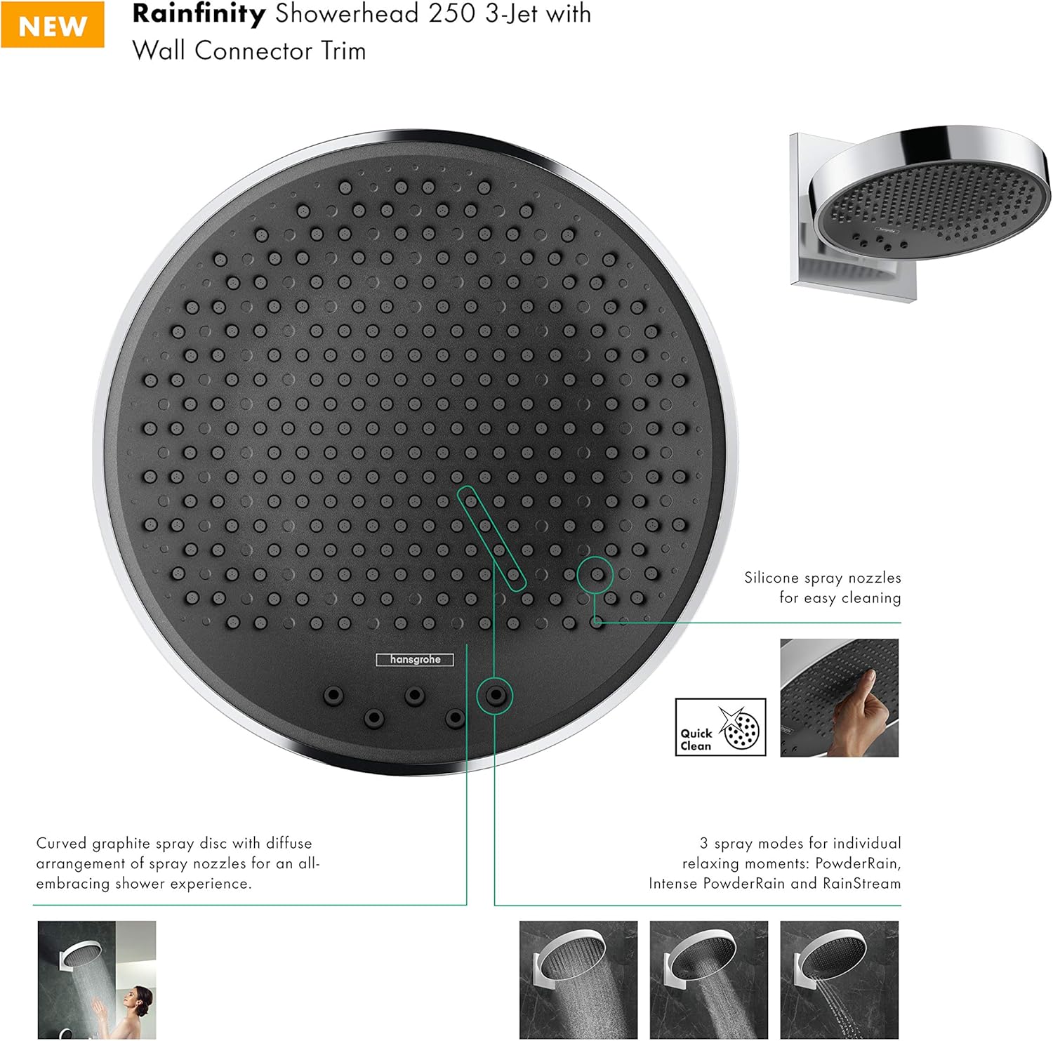 hansgrohe 26235001 Rainfinity 10inch Modern 3Spray QuickClean Showerhead Chrome Secondary image