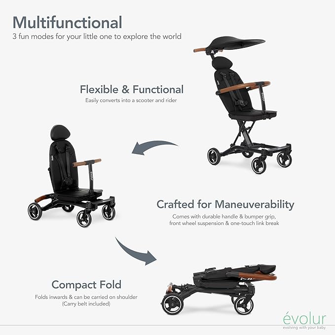 Evolur Cruise Rider Stroller with Awning, Lightweight Umbrella Stroller with Compact Folding, Easy to Carry Travel Stroller, Black