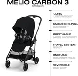 CYBEX Melio 3 Carbon Ultra-Lightweight Stroller - Compact Full-Size, Reversible Seat, One Hand Fold, Travel System Ready, for 6 Months+ - Moon Black