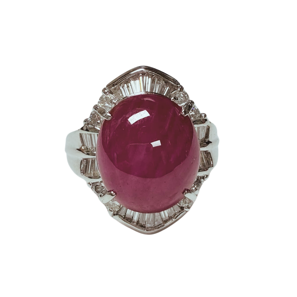 PT900 Ballerina Cocktail Star Ruby With Tapered Baguettes And Round Brilliant Diamonds 13.7G
