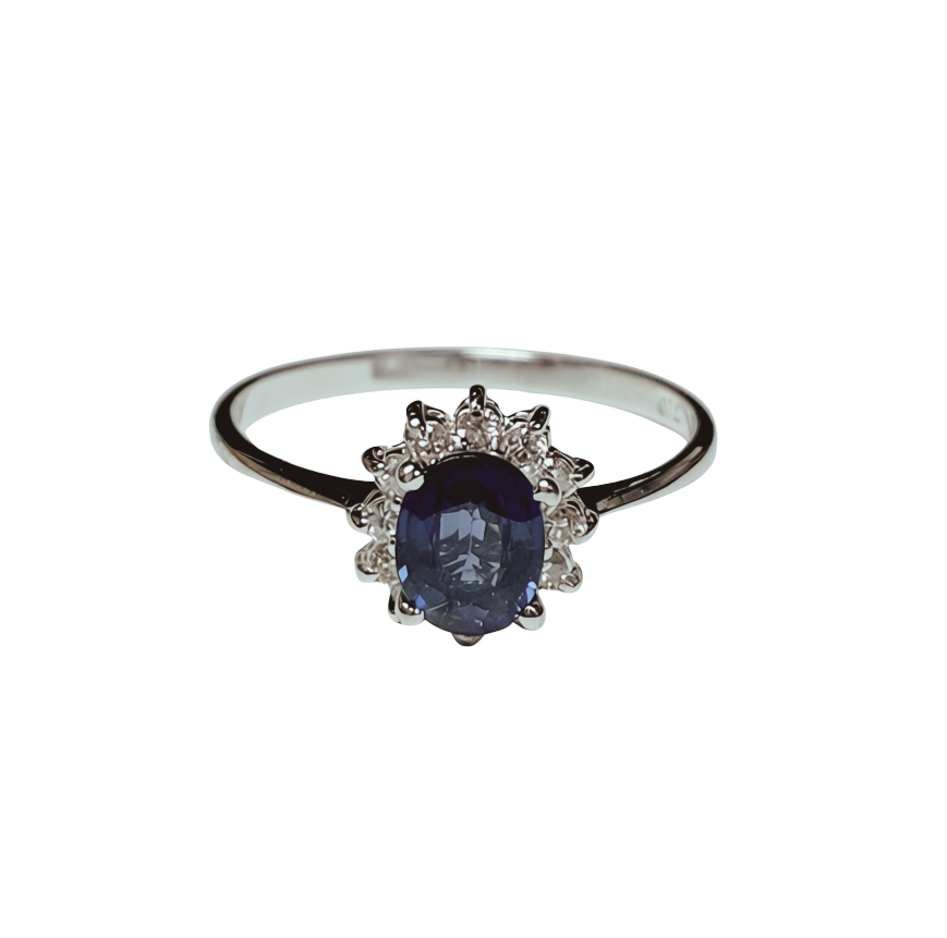 18KWG Princess Diana Inspired Blue Sapphire Halo Ring 2.1GM Main image