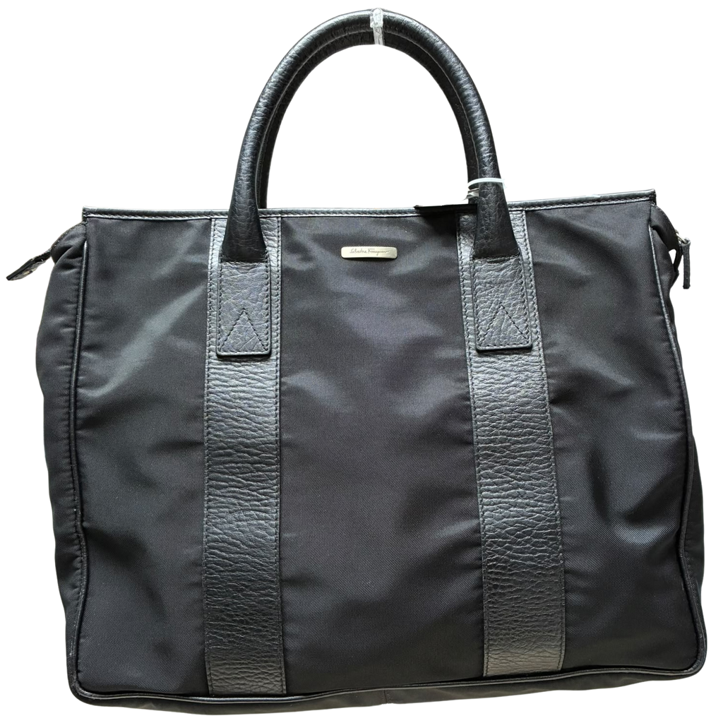 Salvatore Ferragamo Black Nylon And Leather Trim Business Briefcase Tote Bag