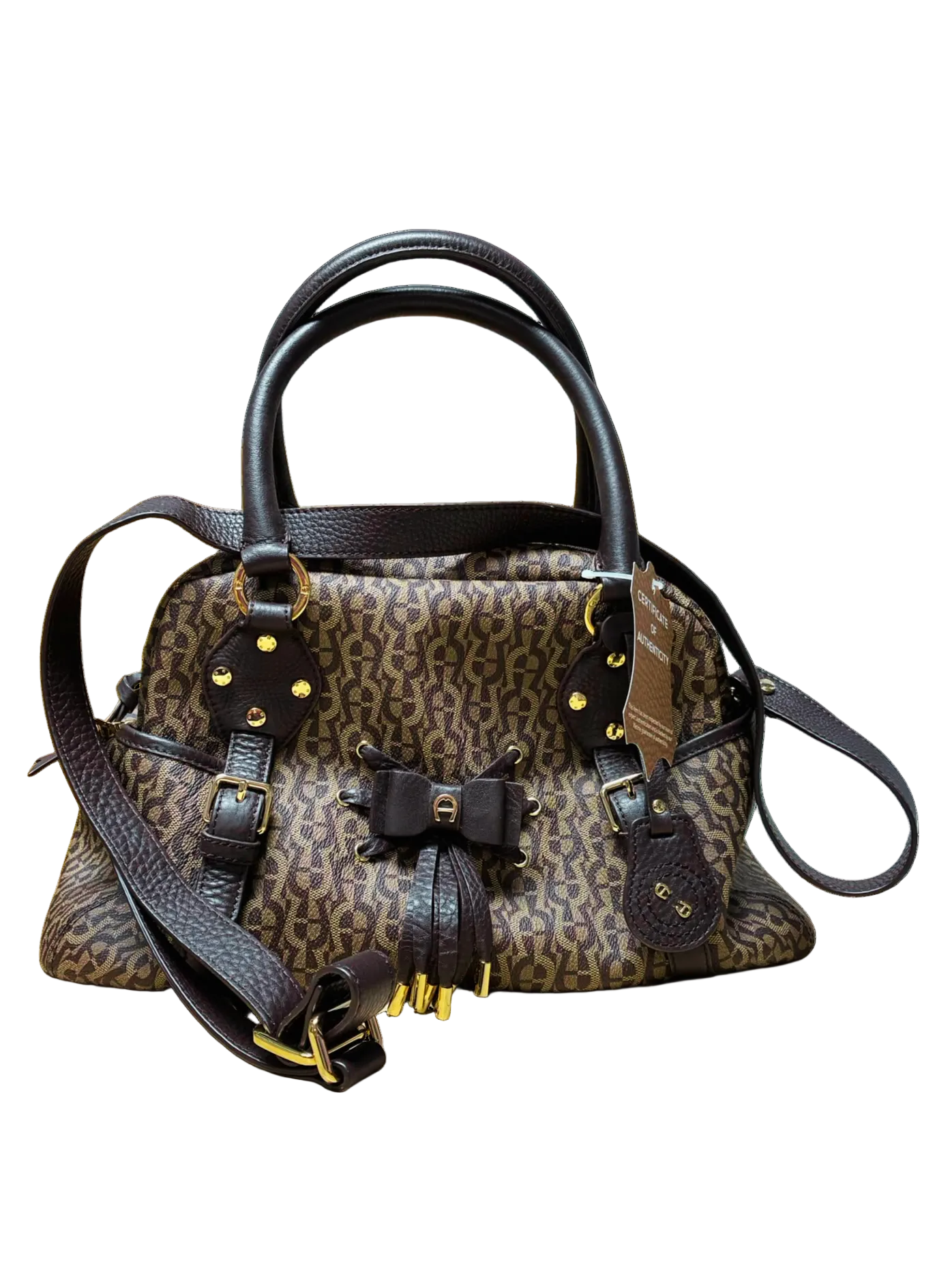 Aigner Signature Canvas And Leather Bow Satchel Tote Bag