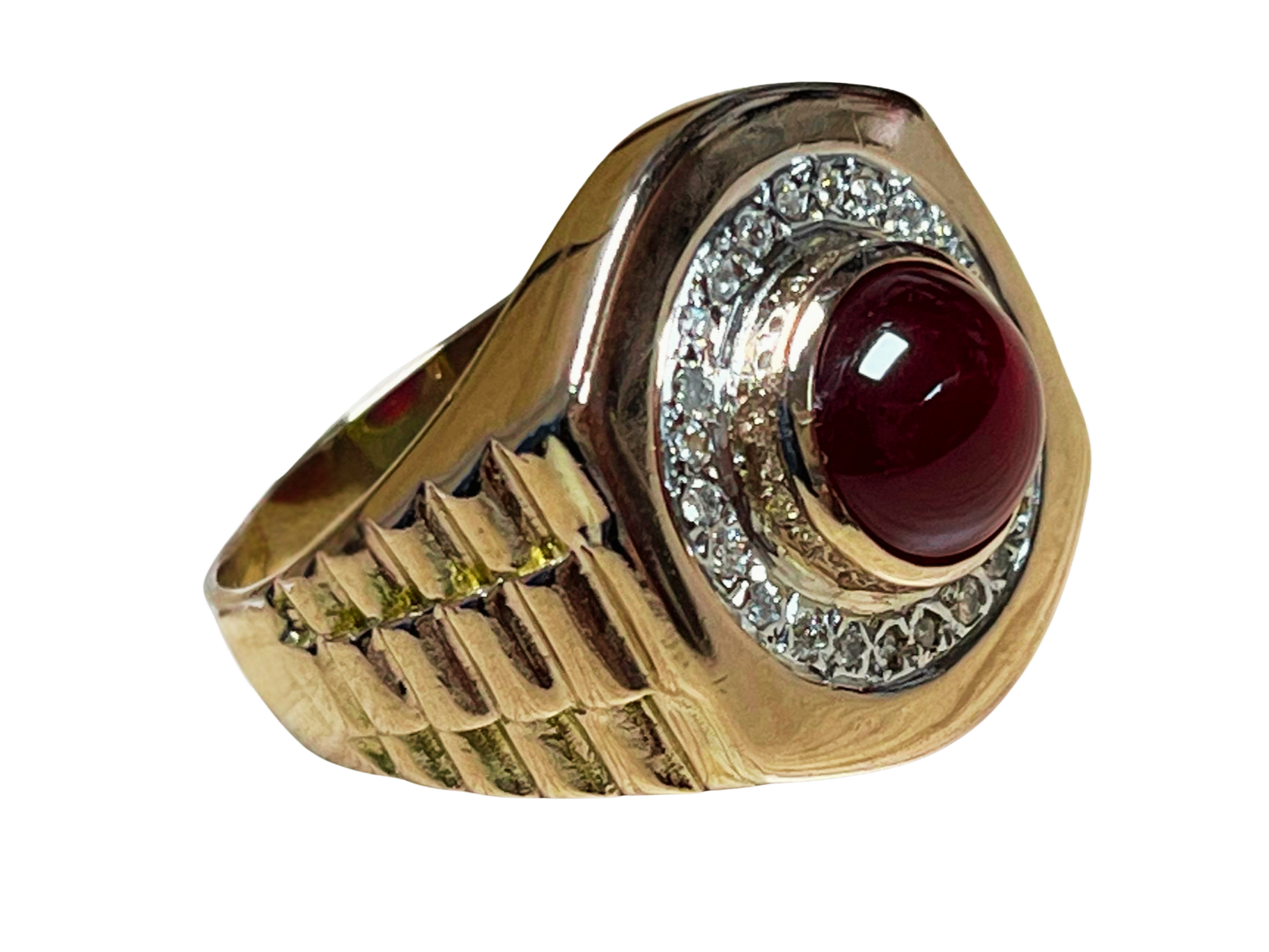 750YG Red Stone And Diamond Mens Signet Style Ring 8.9GM