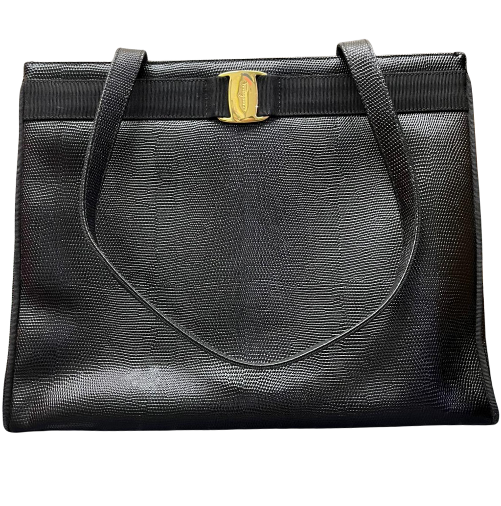 Salvatore Ferragamo Vara Bow Top Handle Tote Bag Black Leather.