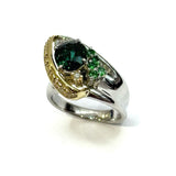 PT900/750YG Green Tourmaline, Tsavorite Garnet & Diamond Ring