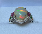 750 White Gold 6.2g Opal Diamond Ring With Colored Stones