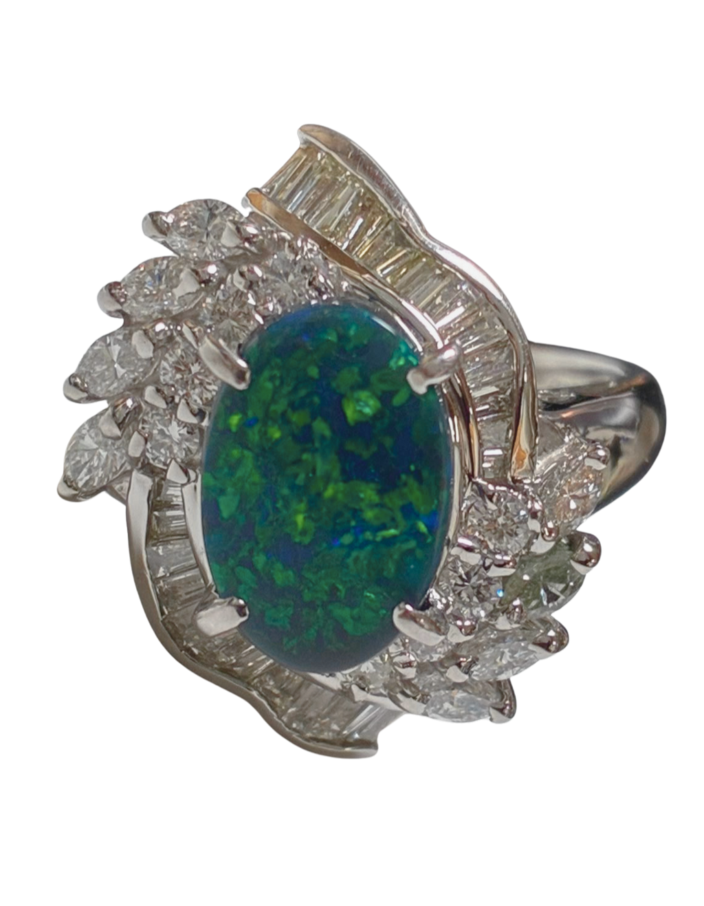 PT850 1.87CT Black Opal WIth 1.02CT Diamond Cocktail Ring 9.6G