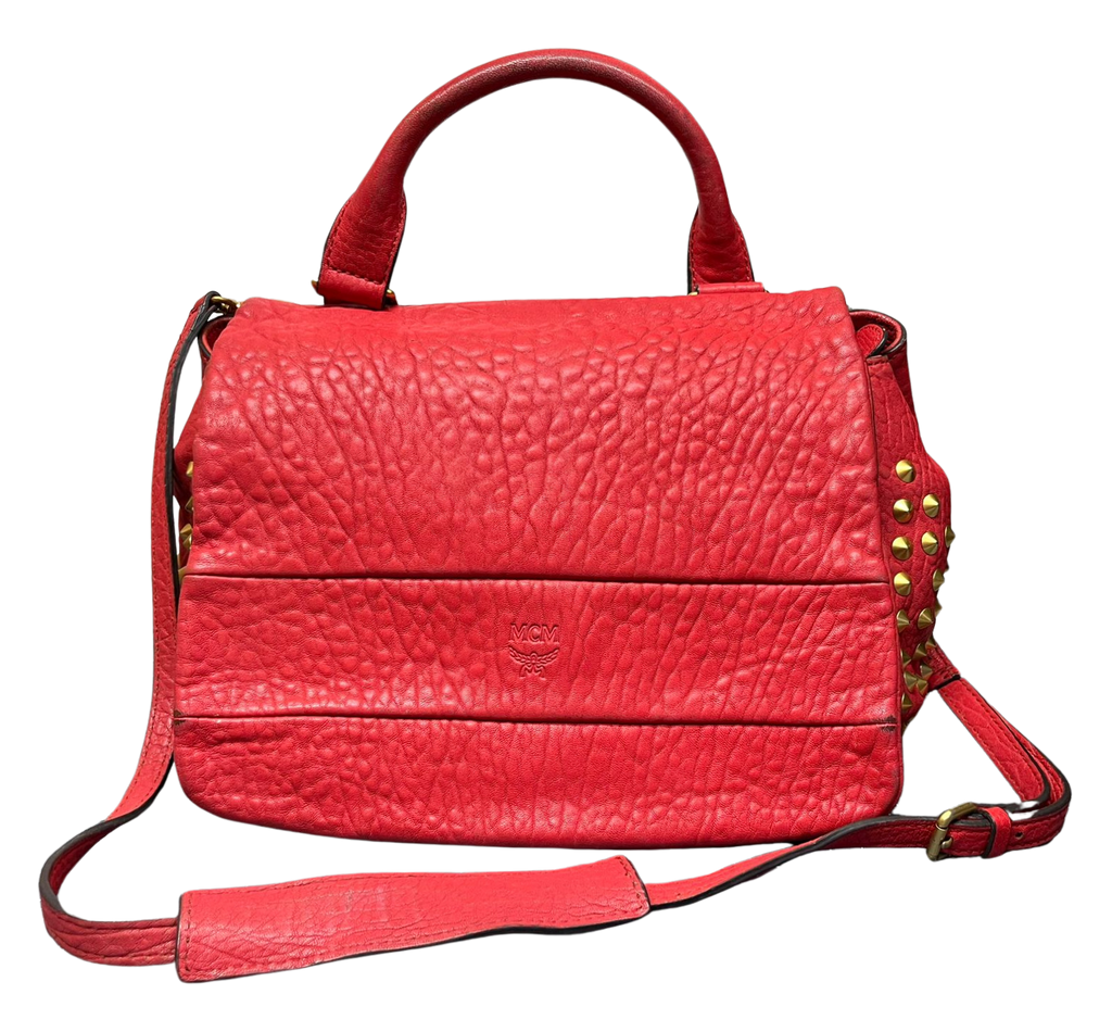 MCM 2way Leather Flapbag Red Studs