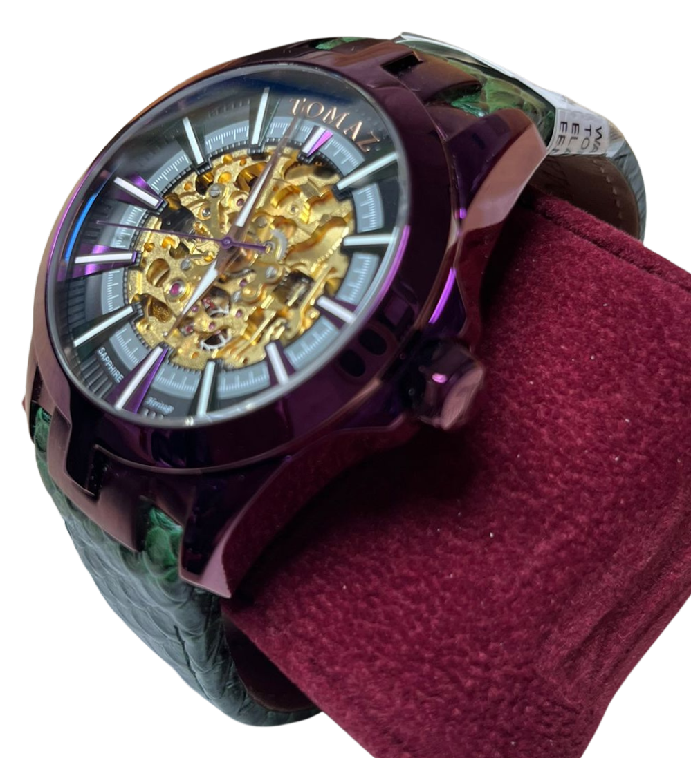 Tomaz TW003B Skeletor Automatic Watch Green Salmon Leather Strap