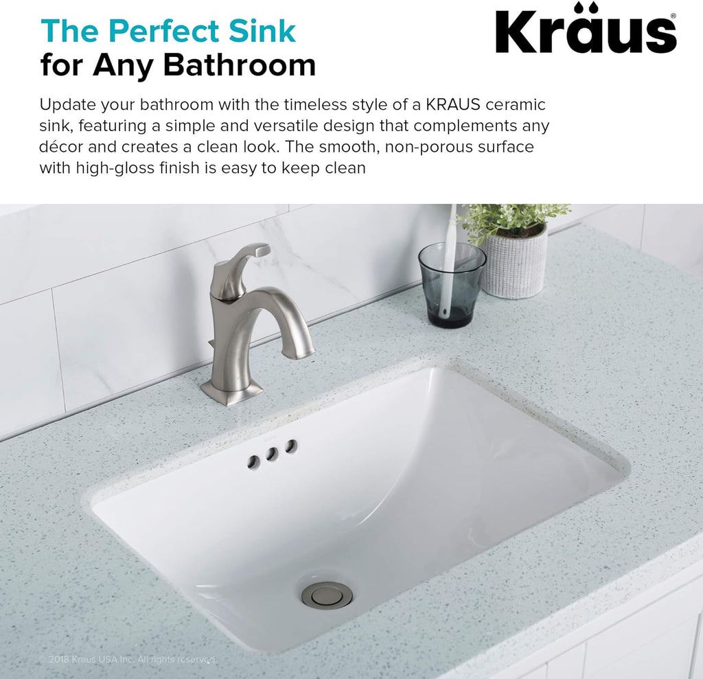 Kraus KCU241 Ceramic Undermount Rectangular Bathroom Sink 20.86 x 14.37 x 8.13 Inches White