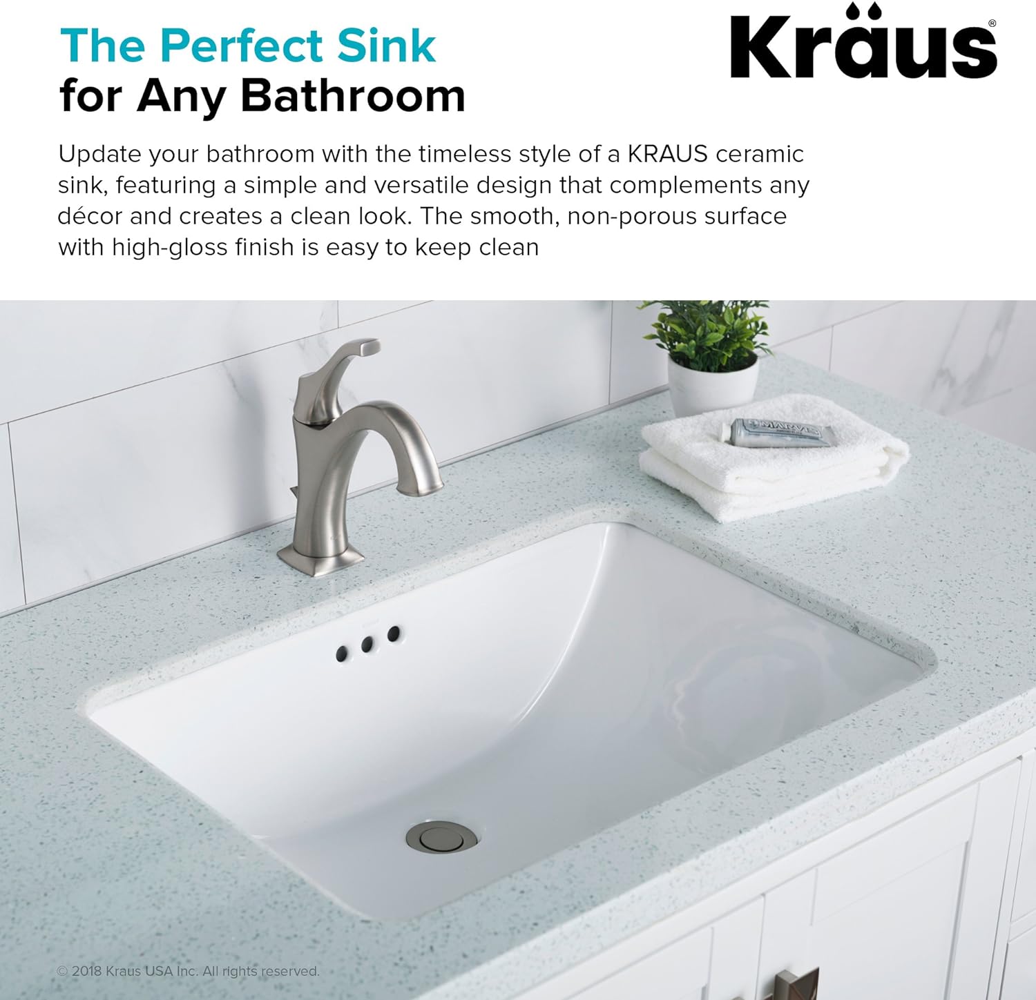 Kraus KCU251 Elavo 23inch Rectangular Undermount White Porcelain Ceramic Bathroom Sink With Overflow