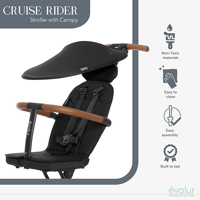 Evolur Cruise Rider Stroller with Awning, Lightweight Umbrella Stroller with Compact Folding, Easy to Carry Travel Stroller, Black