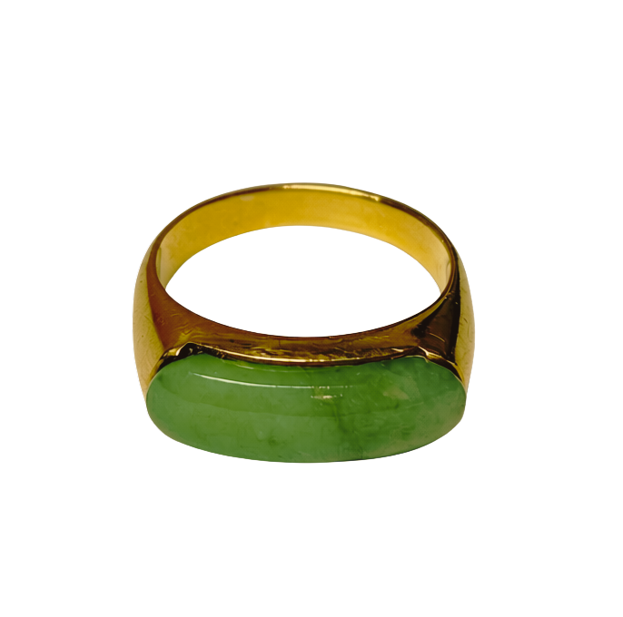 Chinese Yellow Gold And Green Jade Cabochon Saddle Ring 4.8GM