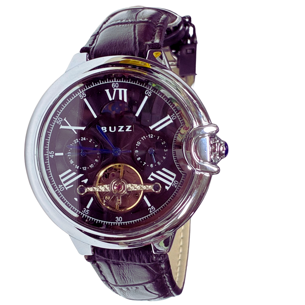 Buzz Germany BZ3013L2 Mens Leather Automatic Watch  Silver Black Edition