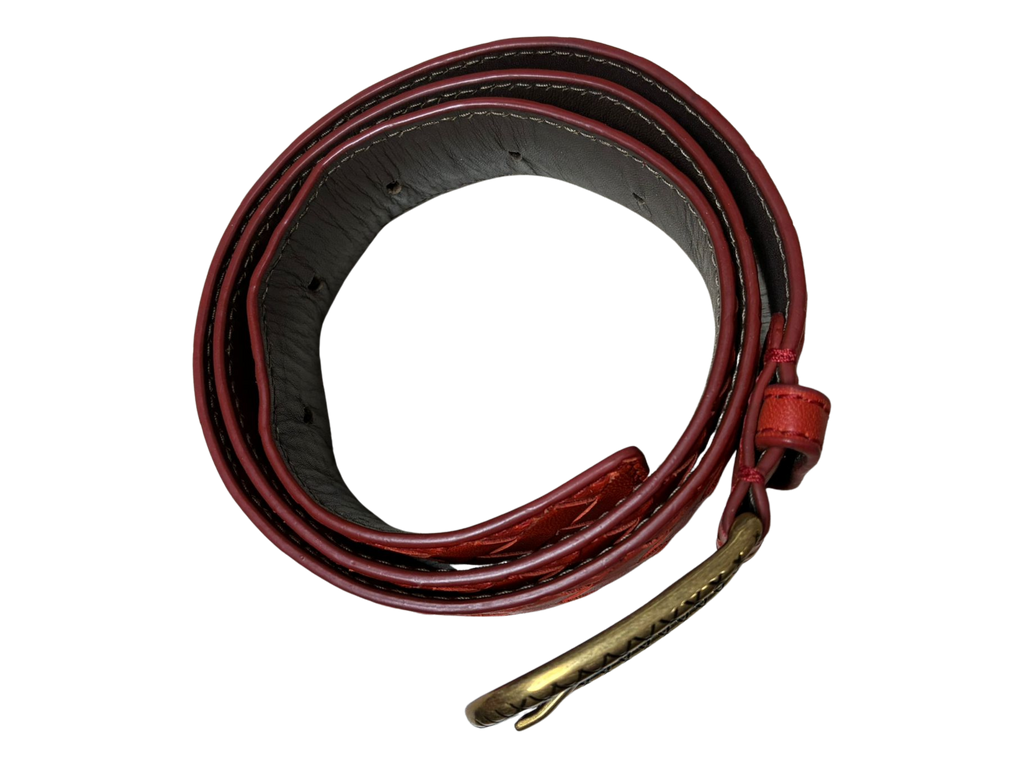 Bottega Veneta Intrecciato Red Woven Leather Belt Gold Tone Buckle
