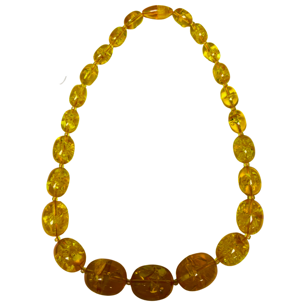 Honey Yellow And Lemon Tinted Amber Graduated Oval Bead Necklace 36G