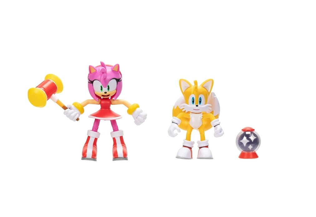 Sonic The Hedgehog Modern Tails and Modern Amy Action Figure, 4" (Pack of 2)