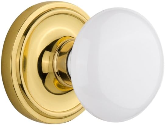 Nostalgic Warehouse 702208 Classic Rosette With White Porcelain Door Knob Passage 2.375in Polished Brass Main image