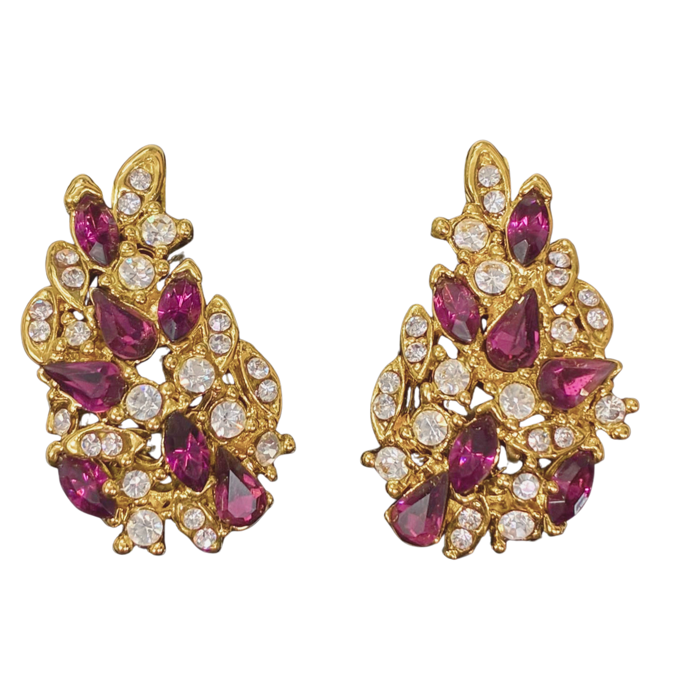 Gold Tone Clip On Earrings Crystal Cluster Leaf Shaped Design Main image